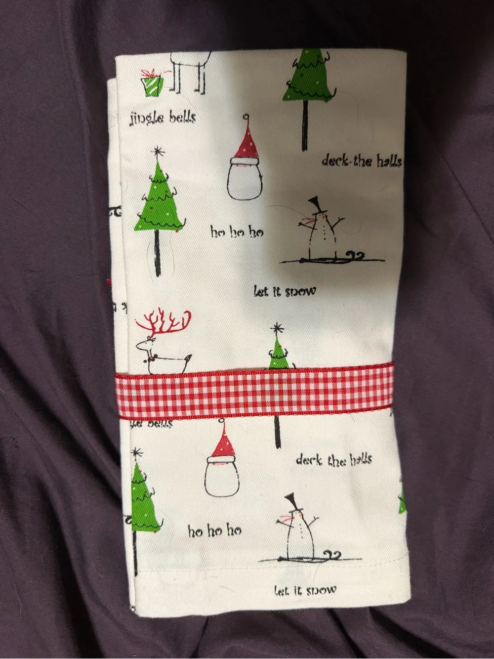 Festive Green Christmas Tree Cotton Napkins with Red Gingham Tie